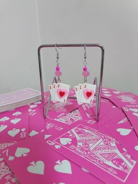 Pink Heart Playing Card Dangle Earrings Handmade